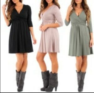 Cross Front Ruched Dress with 3/4 length sleeves